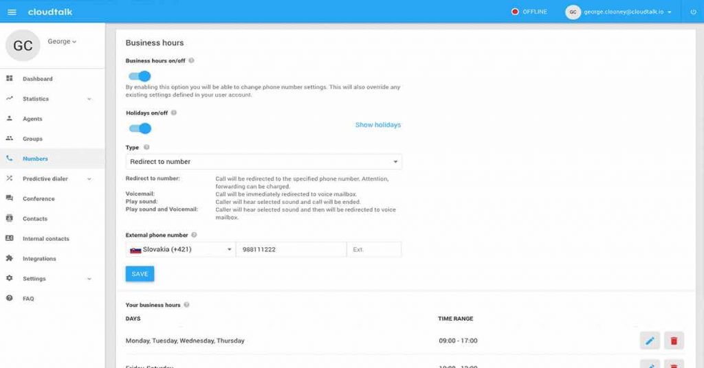 cloudtalk horario comercial y del agente