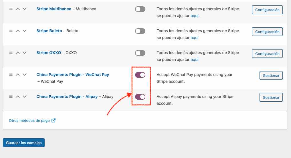 woocommerce métodos de pago alipay wechat pay